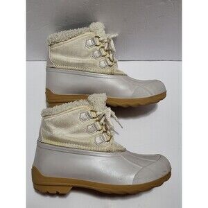 Sperry White Beige Faux Fur Ankle Snow Boot Women Lace-Up Water Resistant 6M